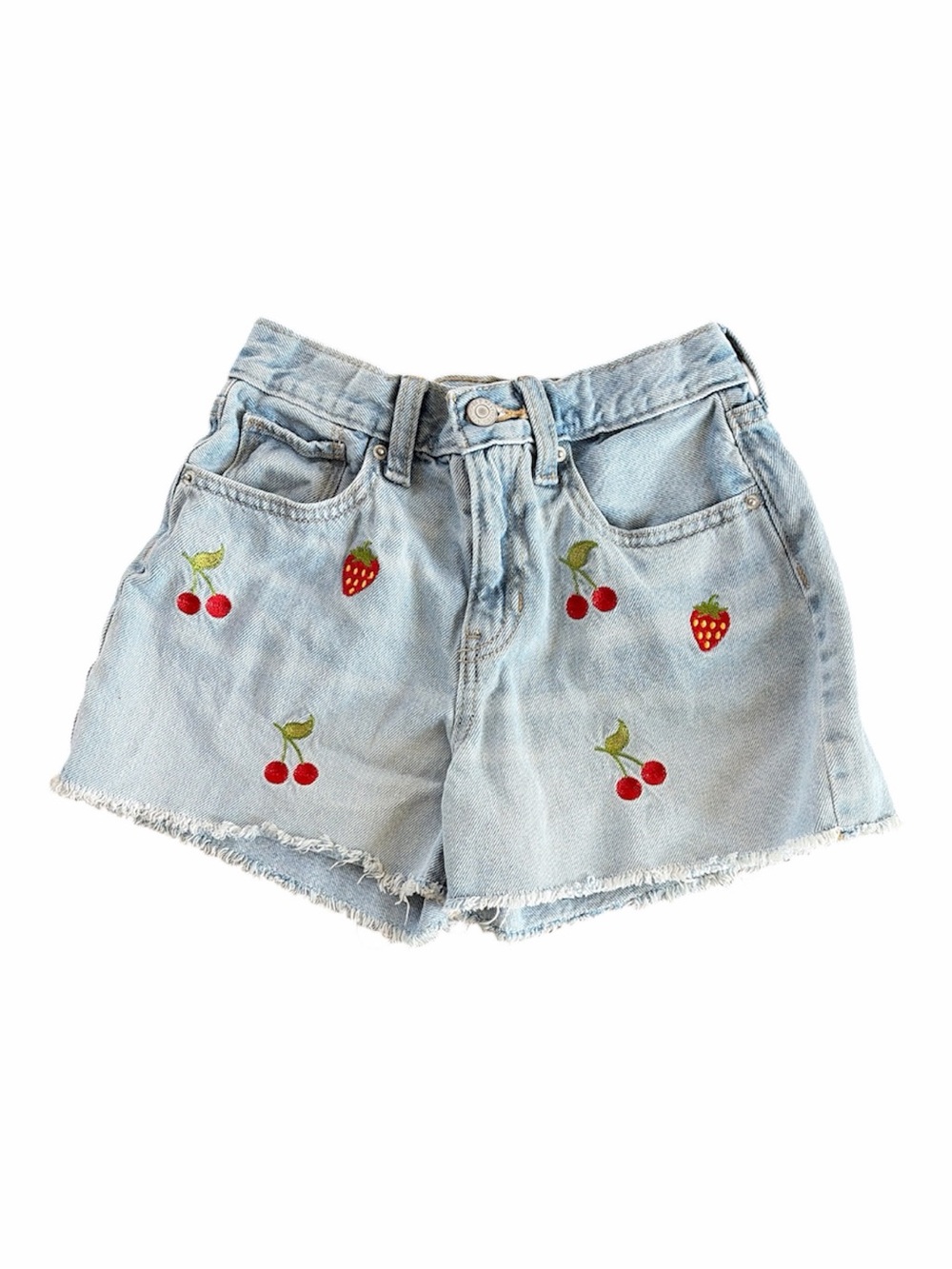 Old Navy Girls Strawberries and Cherries Embroidered Denim Shorts Size 12